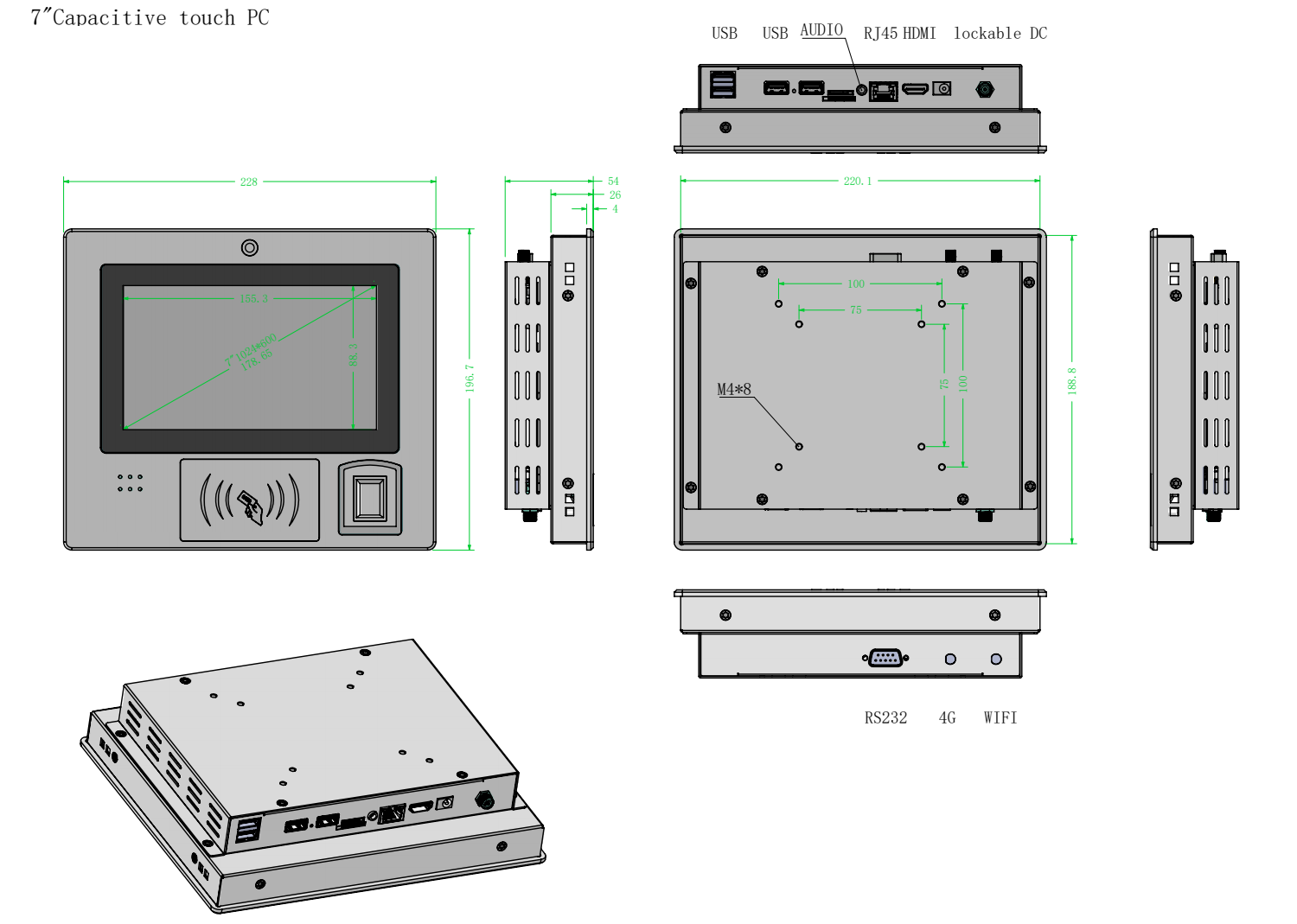 7 inch touch screen RK3568 4G 64G Android Tablet Pc with 4G, HID fingerprint recognition and RFID