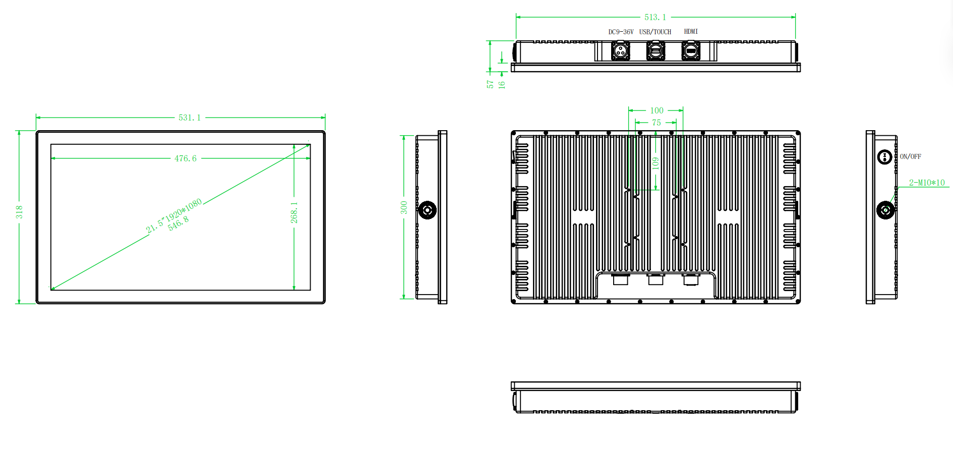 New Design 21.5inch FHD Industrial Projected Capacitive touch monitor 1000 nits IP67